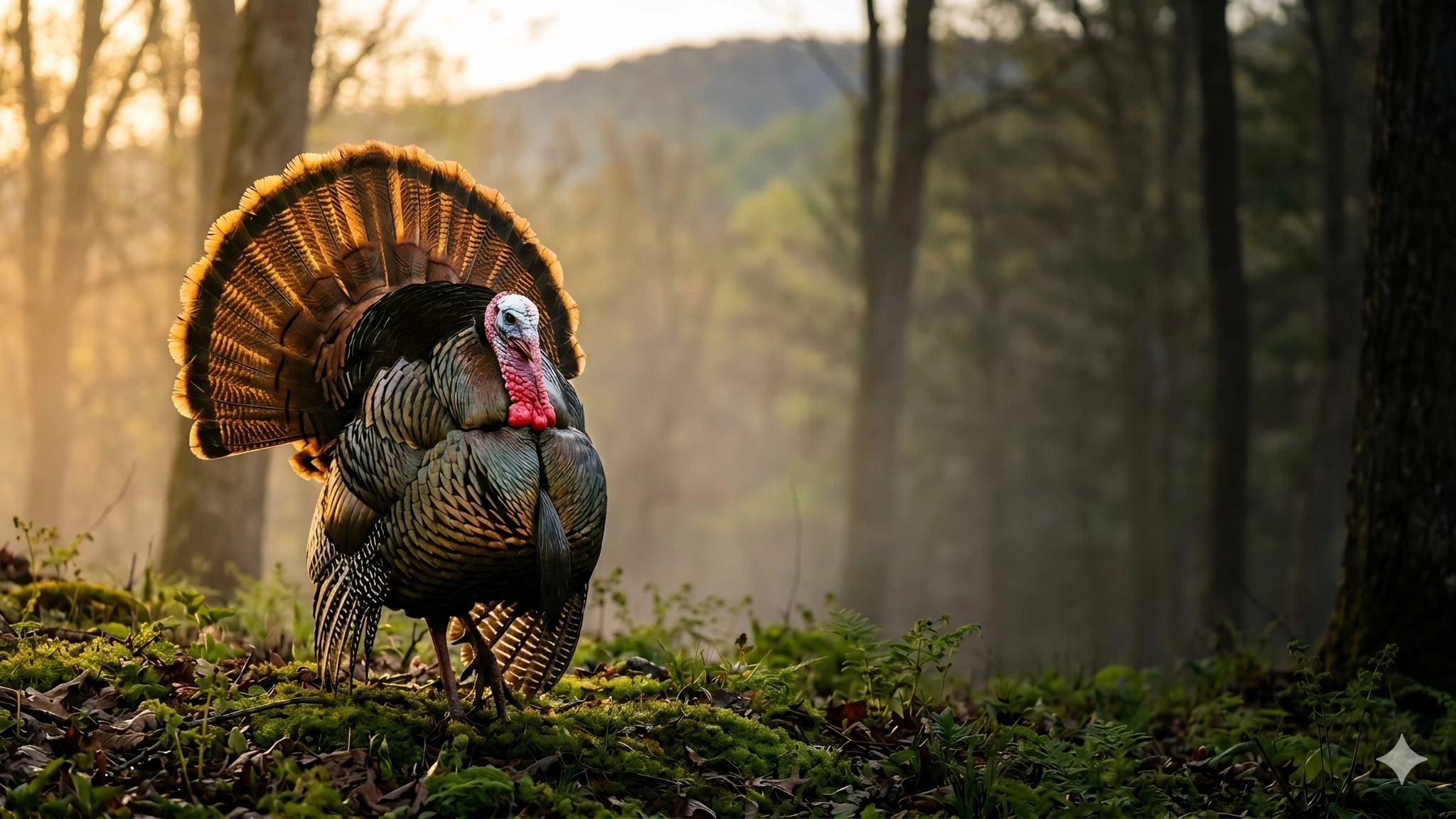 An Eastern wild turkey tom in full strut on an Appalachian forest ridge at dawn